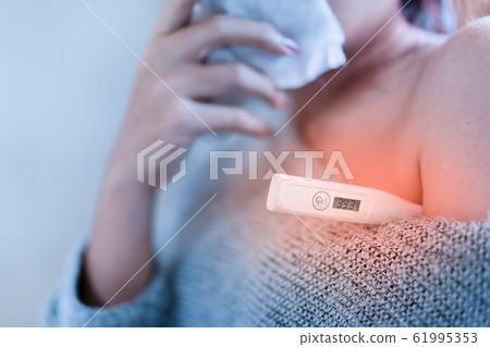 Sick asian woman have hight fever flu sneezing Sick asian woman have hight fever flu sneezing 61995353
