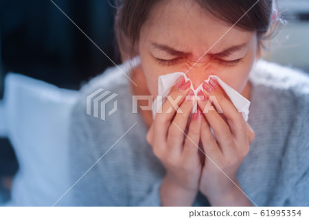 Sick asian woman have hight fever flu and sneezing 61995354