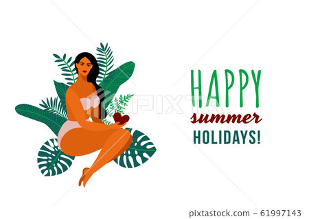 Summer holidays poster. Retro design with a beautiful exotic girl in bikini on the tropical leaves 61997143