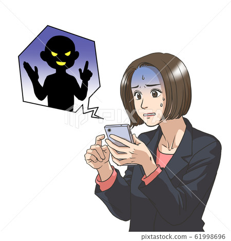 A woman in a suit that uses a smartphone 61998696