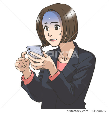 A woman in a suit that uses a smartphone 61998697