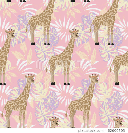 Giraffe seamless pattern abstract leaves pink - Stock Illustration ...
