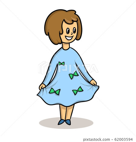 Happy smiling cartoon girl in blue dress. Flat vector illustration, isolated on white background. 62003594