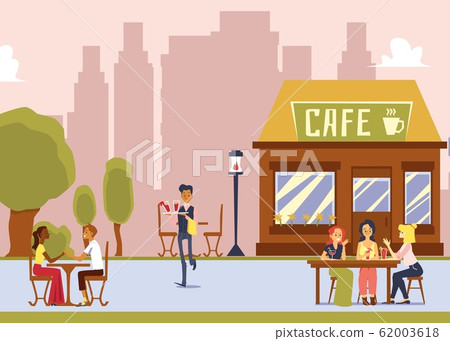 Street cafe with outdoor seating - cartoon waiter serving drinks to women 62003618