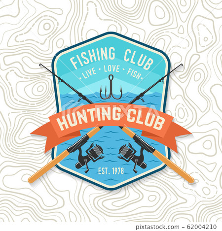 Fishing club patch. Live, love, fish. Vector. Concept for shirt or logo, print, stamp, tee, patch. Vintage typography design with fish rod and hook silhouette.