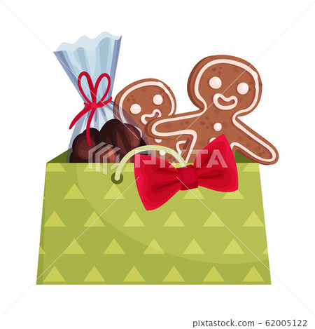 Carton Gift Package with Chocolate Sweets and Gingerbread Vector Illustration Carton Gift Package with Chocolate Sweets and Gingerbread Vector Illustration 62005122