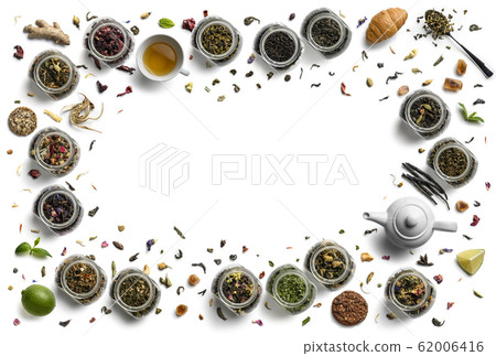 Large assortment of tea on a white background. The view from the top 62006416