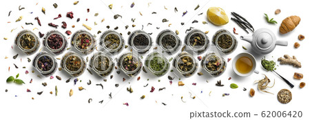 Large assortment of tea on a white background. The view from the top Large assortment of tea on a white background. The view from the top 62006420