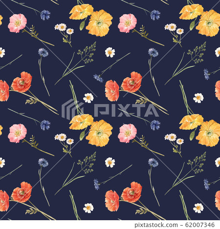 Beautiful floral summer seamless pattern with watercolor hand drawn field wild flowers. Stock illustration. 62007346