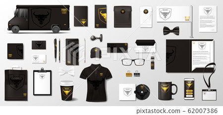 Black Corporate Branding template of van, folder, blank, shirt, envelope, business card, stamp. Business style stationery and documentation Mockup set. Vector 62007386