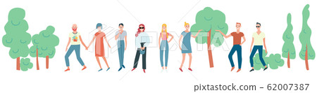 Crowd of female and male cartoon character with trees. 62007387