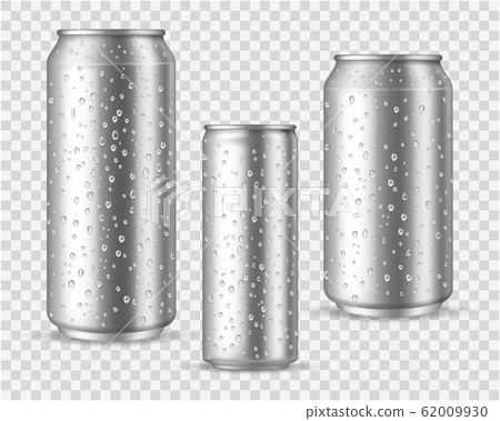 Realistic cold cans. Silver or aluminium metal wet blank energy drink and beer cans with droplets vector mockups 62009930