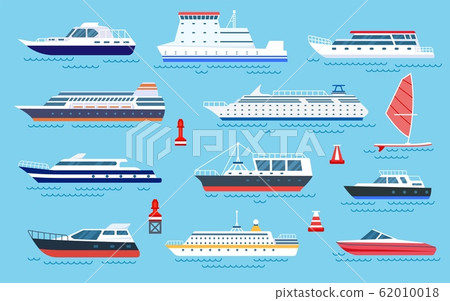 Flat ships. Speed boats, sea transport. Flat cruise yachts, sailboat and motorboat. Cartoon ocean transportation and shipping vector set 62010018