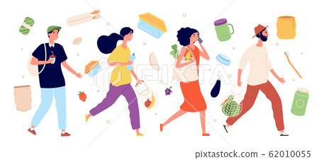 Green lifestyle. Natural ecological food, sustainable bag. Man with vegan drink and woman with bio pack. Vector eco friendly illustration Green lifestyle. Natural ecological food, sustainable bag. Man with vegan drink and woman with bio pack. Vector eco friendly illustration 62010055
