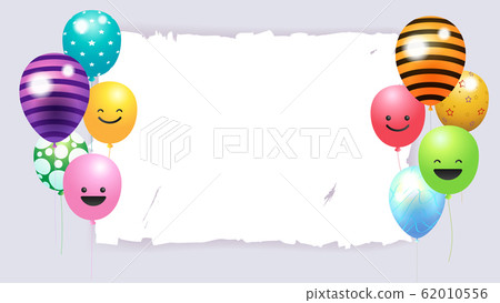 Happy Birthday banner card frame template with colorful balloons and copy space 62010556