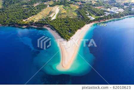 Croatia, Hvar island, Bol. Aerial view at the Zlatni Rat. Beach and sea from air. Croatia, Hvar island, Bol. Aerial view at the Zlatni Rat. Beach and sea from air. 62010623