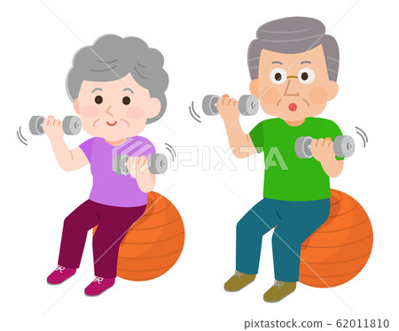Balance ball sitting dumbbell elderly man woman illustration 62011810