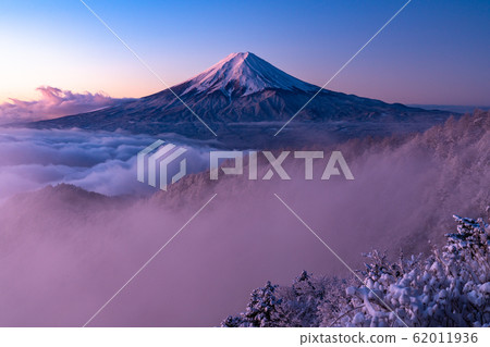 《Yamanashi Prefecture》 Mt.Fuji and snowy landscape in the sea of clouds 62011936