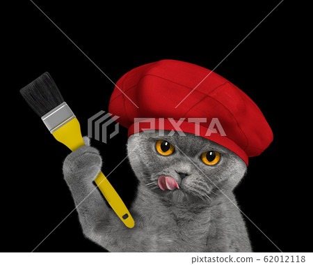 Cute cat as a painter with a brush. Isolated on black 62012118