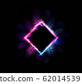 Neon tropic. Palm leaves and neon frame for summer night jungle party poster or background. Dark neon tropical illustration for beach nightclub or bar flyer. 62014539