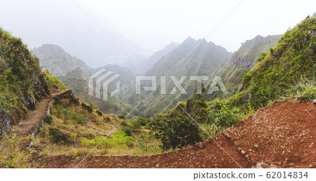 Panoramic view of the fertile ravine valley with volcanic mountain ridges on Santa Antao island in Cape Verde 62014834