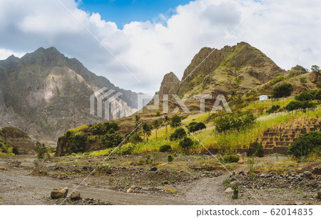 Santo Antao Island, Cape Verde. Dry river on Coculi ribeira valley surrounded by mountain peaks Santo Antao Island, Cape Verde. Dry river on Coculi ribeira valley surrounded by mountain peaks 62014835