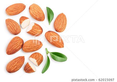 Almonds nuts with leaves isolated on white background with clipping path and full depth of field. Top view with copy space for your text. Flat lay 62015097
