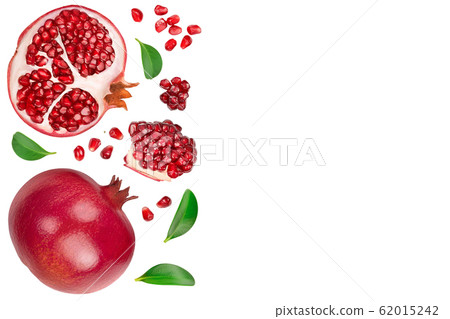Pomegranate isolated on white background with clipping path and full depth of field. Top view with copy space for your text. Flat lay 62015242