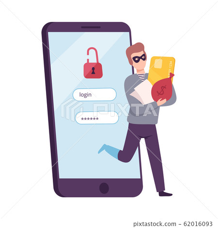 Hacker Stealing Credit Card from Smartphone, Masked Thief Hacked Login and Password, Cyber Internet Security, Internet Phishing Attack Vector Illustration Hacker Stealing Credit Card from Smartphone, Masked Thief Hacked Login and Password, Cyber Internet Security, Internet Phishing Attack Vector Illustration 62016093