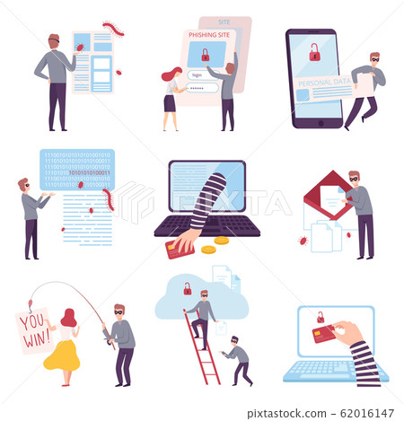 Cyber Crimes Collection, Hackers Stealing Information from Computers, Smartphones, Cyber Attack, Virus Infection Vector Illustration Cyber Crimes Collection, Hackers Stealing Information from Computers, Smartphones, Cyber Attack, Virus Infection Vector Illustration 62016147
