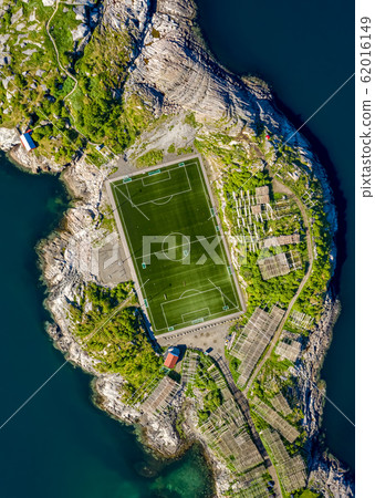 Football field stadium in Henningsvaer from above. 62016149