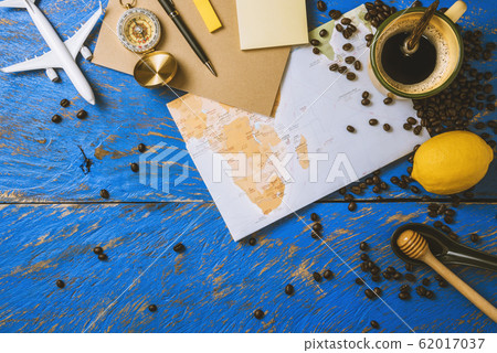 accessories for the traveler on the old background on the on blue wood table. Travel  62017037