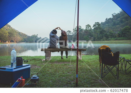 Travel camping by lake. Campers are on their camp at Namtok Sam Lan National Park 62017478