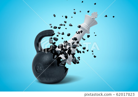 3d rendering of white chess king hitting and breaking black 24kg kettlebell on light blue gradient background. 62017823