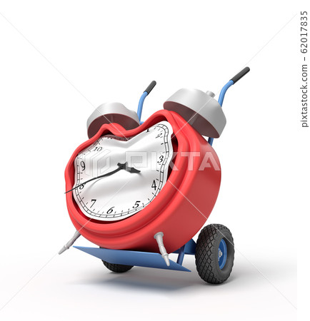 3d rendering of smashed broken alarm clock on a hand truck 62017835