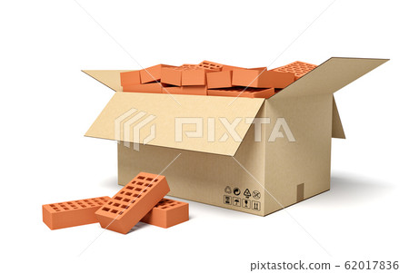 3d rendering of cardboard box full of new brown perforated bricks. 62017836