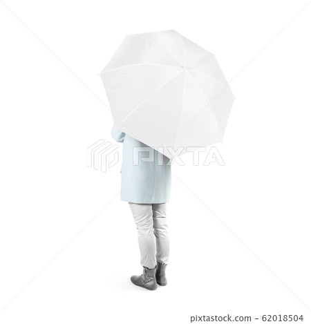 Women stand backwards with white blank umbrella opened mockup isolated 62018504
