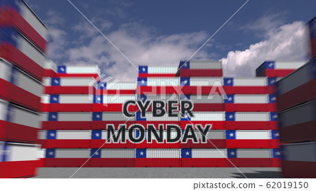 Cargo containers with CYBER MONDAY text and national flags of Chile. Chilean online commerce related 3D rendering 62019150