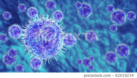 Virus is expanding on microscope view , 3D Virus is expanding on microscope view , 3D 62019234