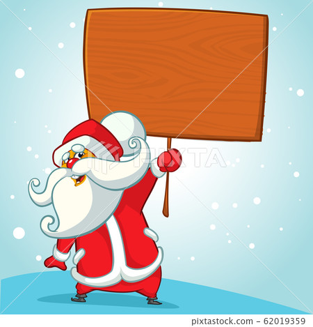A Christmas cartoon illustration of Santa Claus holding a sign board. Vector illustration 62019359