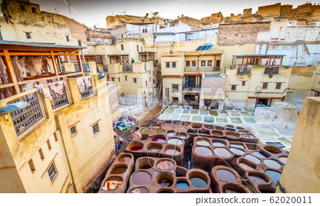 Overlooking stone vessels in tanneries, Fez, Morocco Overlooking stone vessels in tanneries, Fez, Morocco 62020011