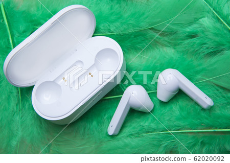earphones green bird feather background earphones green bird feather background 62020092