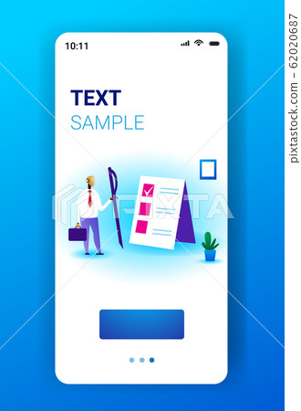 modern robot holding pen task solutions new ideas checklist with marks in check boxes business plan artificial intelligence technology concept full length smartphone screen mobile app vertical copy 62020687