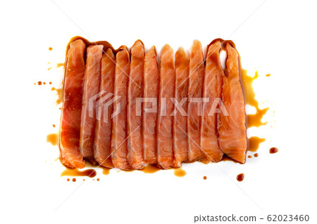 Thin Slices of Raw Salmon Fillet Isolated on White Thin Slices of Raw Salmon Fillet Isolated on White 62023460