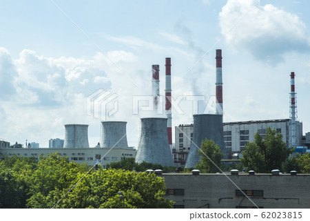 Chemical factory with smoke stack. Smoke emission 62023815