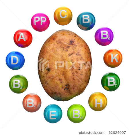 Vitamins in potatoes, 3D rendering 62024007