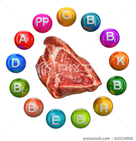 Vitamins in pork meat, 3D rendering 62024008