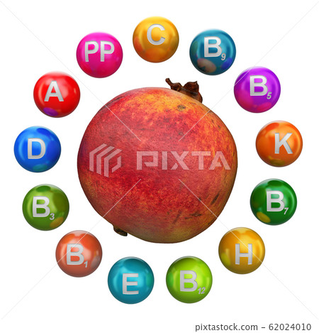 Vitamins in pomegranate, 3D rendering 62024010