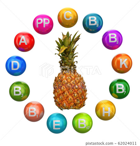 Vitamins in pineapple, 3D rendering 62024011
