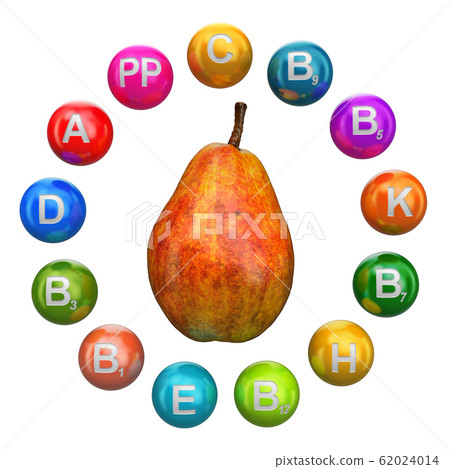 Vitamins in pear, 3D rendering 62024014